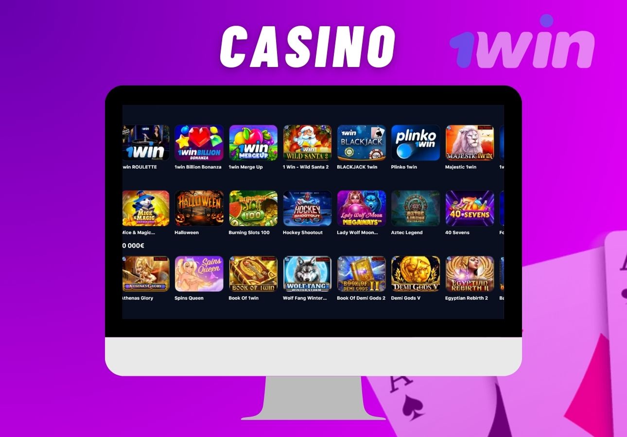 1Win casino interface displayed on a desktop monitor against a purple casino background